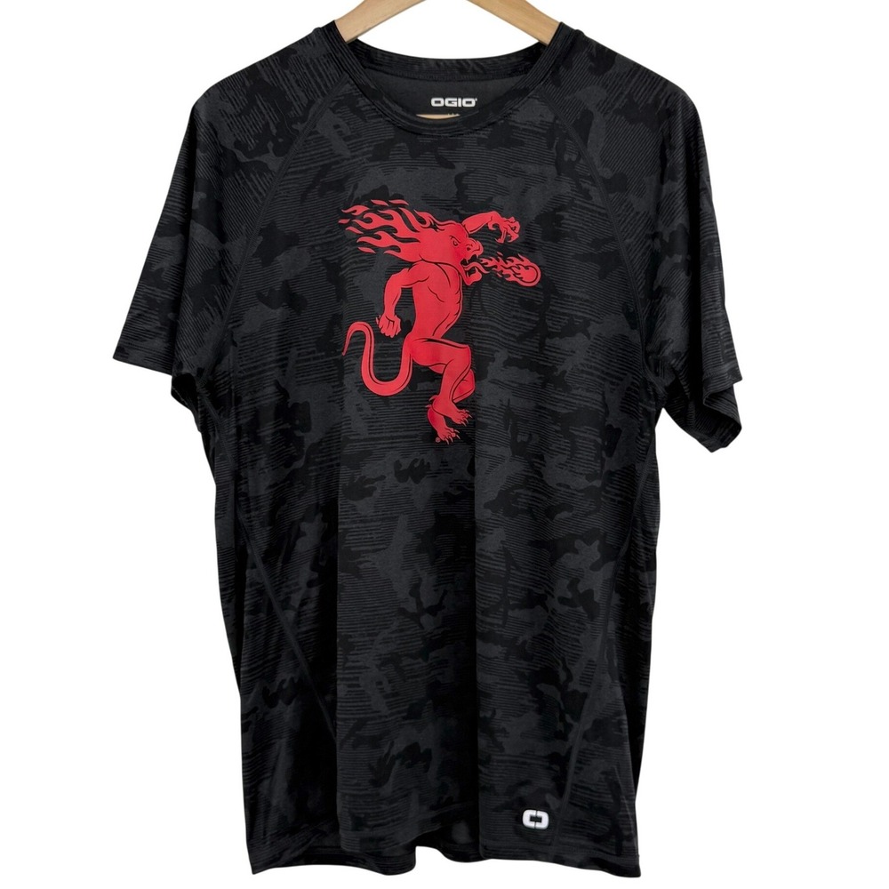 OGIO Men's T Shirt Large Black Camo Red Dragon Graphic‎ Short Sleeve Athletic